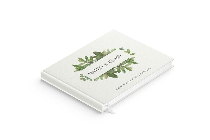 Foliage Frame | Personalised Guest Book - Evergreen Three White linen