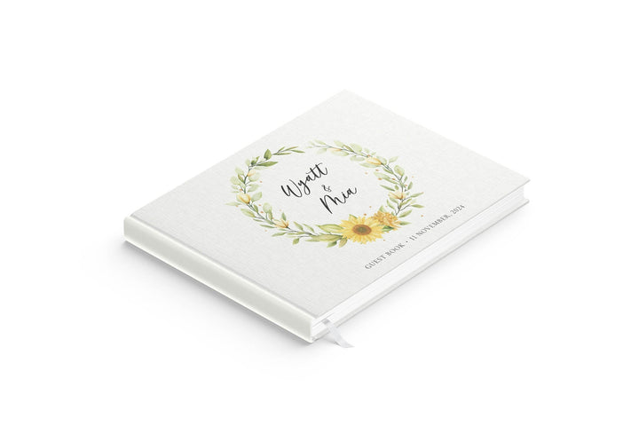Sunflower Wreath | Personalised Guest Book - Evergreen Three White linen